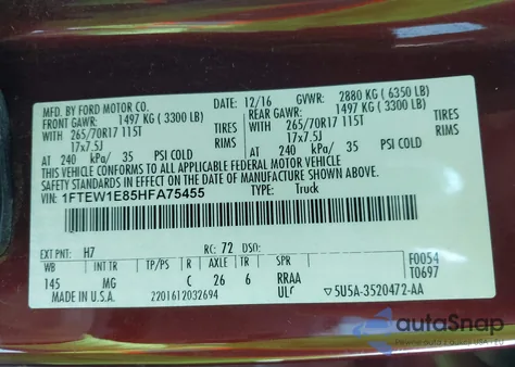 2017 Ford F-150 Xlt z USA, uszkodzony, nr VIN 1FTEW1E85HFA75455